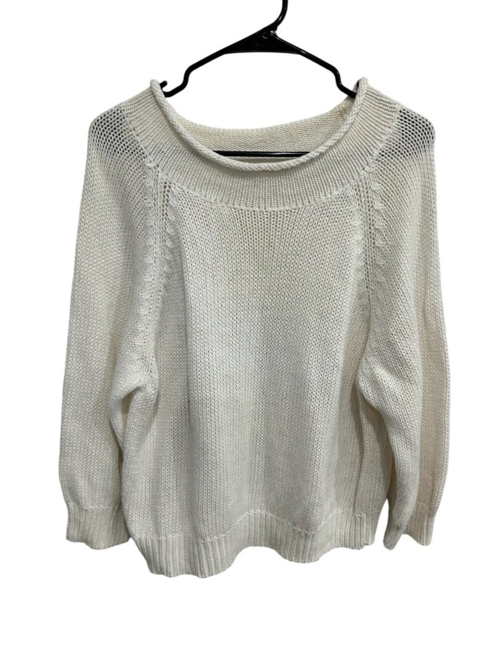 Sostanza Large White Knit Sweater Open-Stitch Ramie Cotton Cozycore Minimalist